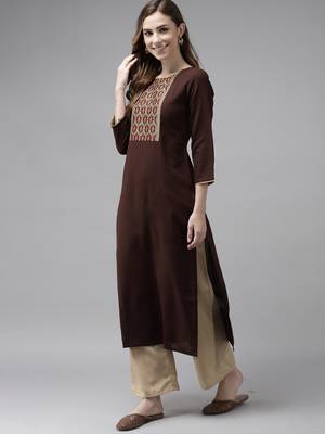 Indo Era Brown Solid Straight Kurta 3