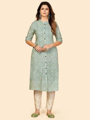 Vbuyz Women's Printed A Line Cotton Sky Blue Stitched Kurta 1