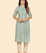 Vbuyz Women's Printed A Line Cotton Sky Blue Stitched Kurta