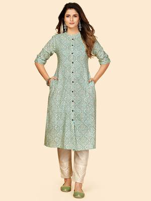 Vbuyz Women's Printed A Line Cotton Sky Blue Stitched Kurta 2