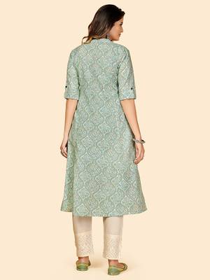 Vbuyz Women's Printed A Line Cotton Sky Blue Stitched Kurta 3