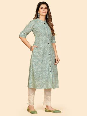 Vbuyz Women's Printed A Line Cotton Sky Blue Stitched Kurta 5