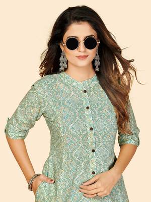 Vbuyz Women's Printed A Line Cotton Sky Blue Stitched Kurta 6
