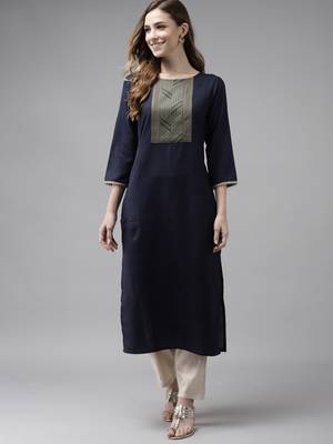 Indo Era Navy Blue Solid Straight Kurta 1
