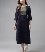 Indo Era Navy Blue Solid Straight Kurta