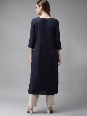 Indo Era Navy Blue Solid Straight Kurta 2
