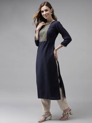 Indo Era Navy Blue Solid Straight Kurta 3
