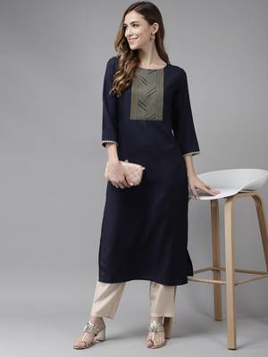 Indo Era Navy Blue Solid Straight Kurta 4