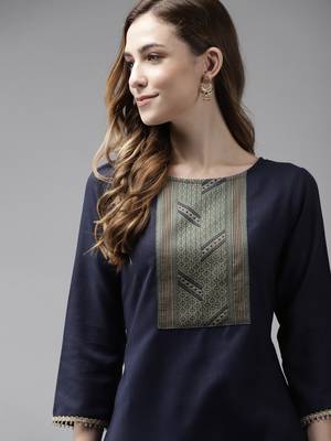 Indo Era Navy Blue Solid Straight Kurta 5