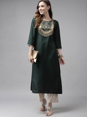Indo Era Green Solid Straight Kurta 4