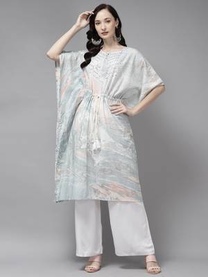 Indo Era Grey Printed A-line Kaftan 1