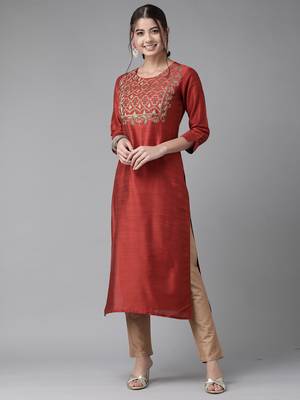 Indo Era Orange Embroidered Straight Kurta 1