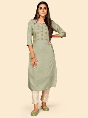 Vbuyz Women's Embroidered Straight Cotton Olive Green Stitched Kurta 1