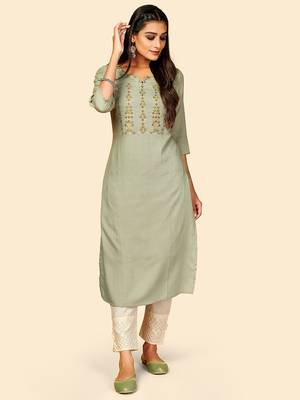 Vbuyz Women's Embroidered Straight Cotton Olive Green Stitched Kurta 2