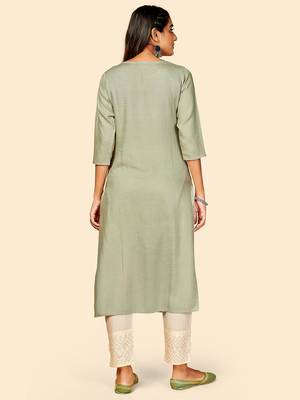 Vbuyz Women's Embroidered Straight Cotton Olive Green Stitched Kurta 3