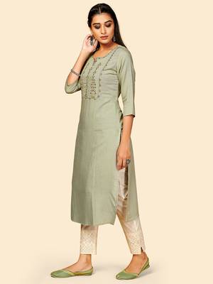 Vbuyz Women's Embroidered Straight Cotton Olive Green Stitched Kurta 4