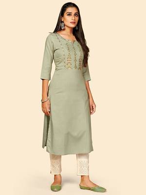 Vbuyz Women's Embroidered Straight Cotton Olive Green Stitched Kurta 5