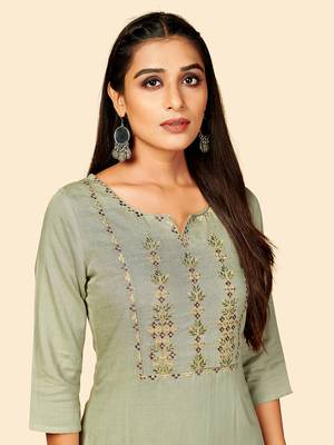Vbuyz Women's Embroidered Straight Cotton Olive Green Stitched Kurta 6