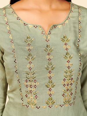 Vbuyz Women's Embroidered Straight Cotton Olive Green Stitched Kurta 7