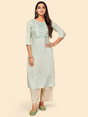 Vbuyz Women's Embroidered Straight Cotton Light Grey Stitched Kurta 1