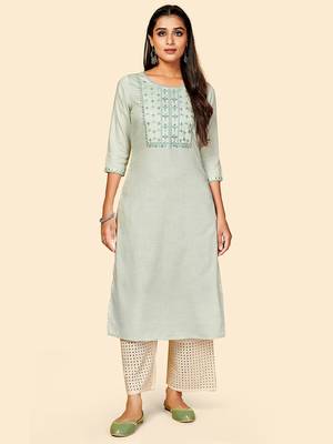Vbuyz Women's Embroidered Straight Cotton Light Grey Stitched Kurta 2