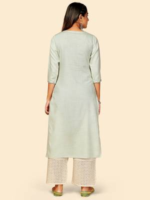 Vbuyz Women's Embroidered Straight Cotton Light Grey Stitched Kurta 3