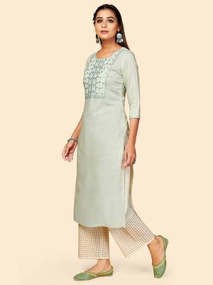 Vbuyz Women's Embroidered Straight Cotton Light Grey Stitched Kurta 4