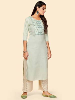 Vbuyz Women's Embroidered Straight Cotton Light Grey Stitched Kurta 5