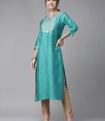 Indo Era Sea Green Embroidered Straight Kurta