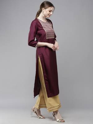 Indo Era Wine Solid Straight Kurta 3