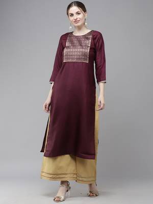 Indo Era Wine Solid Straight Kurta 4