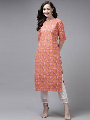 Indo Era Peach Printed Straight Kurta 1