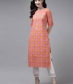 Indo Era Peach Printed Straight Kurta
