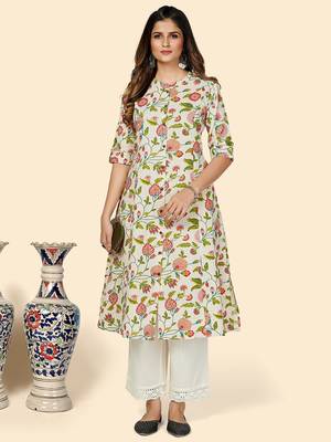 Vbuyz Women's Floral Print A Line Cotton Beige Stitched Kurta 1