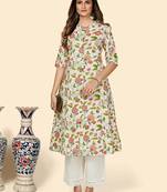 Vbuyz Women's Floral Print A Line Cotton Beige Stitched Kurta