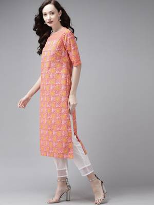 Indo Era Peach Printed Straight Kurta 3