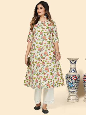 Vbuyz Women's Floral Print A Line Cotton Beige Stitched Kurta 2