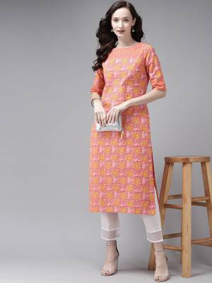 Indo Era Peach Printed Straight Kurta 4