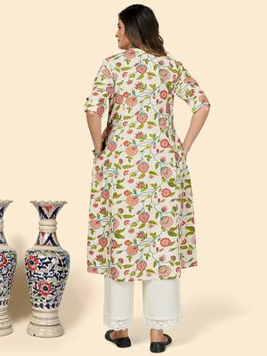 Vbuyz Women's Floral Print A Line Cotton Beige Stitched Kurta 3