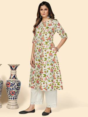 Vbuyz Women's Floral Print A Line Cotton Beige Stitched Kurta 4
