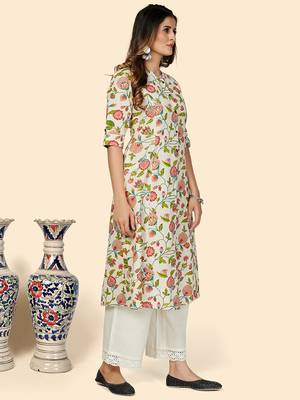 Vbuyz Women's Floral Print A Line Cotton Beige Stitched Kurta 5