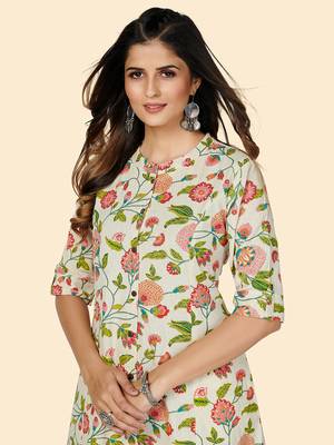 Vbuyz Women's Floral Print A Line Cotton Beige Stitched Kurta 6