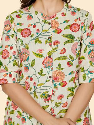 Vbuyz Women's Floral Print A Line Cotton Beige Stitched Kurta 7