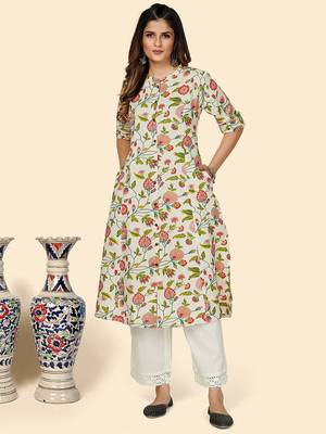 Vbuyz Women's Floral Print A Line Cotton Beige Stitched Kurta 8