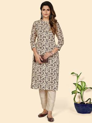 Vbuyz Women's Floral Print Straight Cotton Beige Stitched Kurta 1