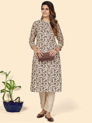 Vbuyz Women's Floral Print Straight Cotton Beige Stitched Kurta 2