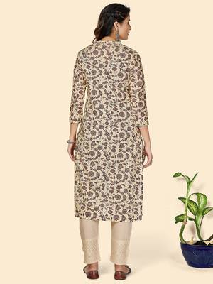 Vbuyz Women's Floral Print Straight Cotton Beige Stitched Kurta 3