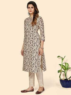 Vbuyz Women's Floral Print Straight Cotton Beige Stitched Kurta 4