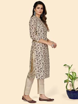Vbuyz Women's Floral Print Straight Cotton Beige Stitched Kurta 5