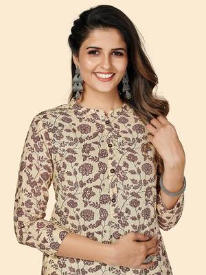 Vbuyz Women's Floral Print Straight Cotton Beige Stitched Kurta 6